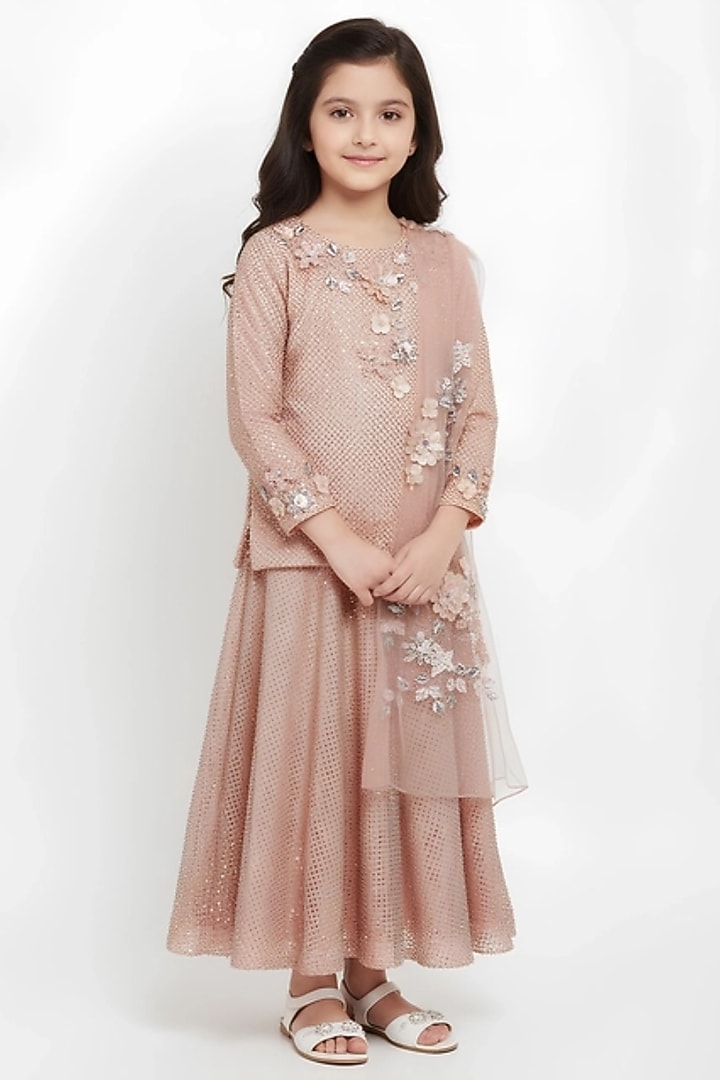 Peach Net Lehenga Set For Girls by Alyaansh Couture at Pernia's Pop Up Shop