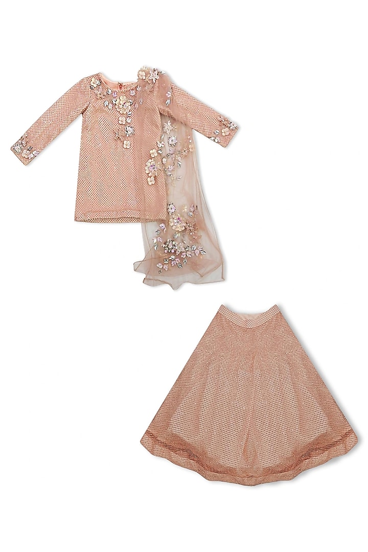 Peach Net Lehenga Set For Girls by Alyaansh Couture at Pernia's Pop Up Shop