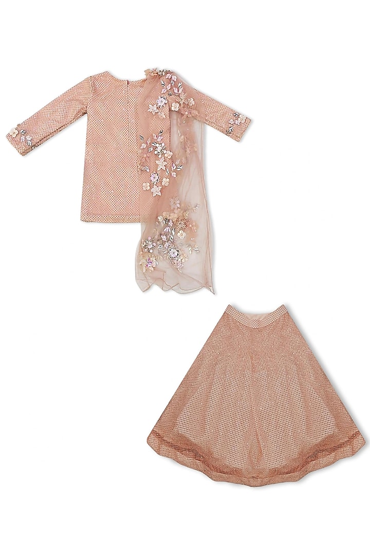 Peach Net Lehenga Set For Girls by Alyaansh Couture at Pernia's Pop Up Shop