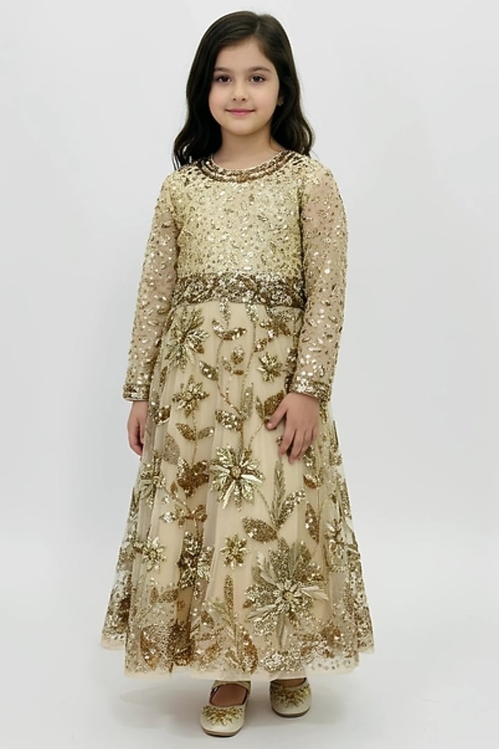 Beige Net Embroidered Gown For Girls by Alyaansh Couture at Pernia's Pop Up Shop