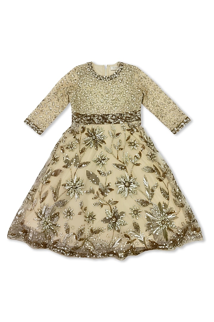 Beige Net Embroidered Gown For Girls by Alyaansh Couture at Pernia's Pop Up Shop