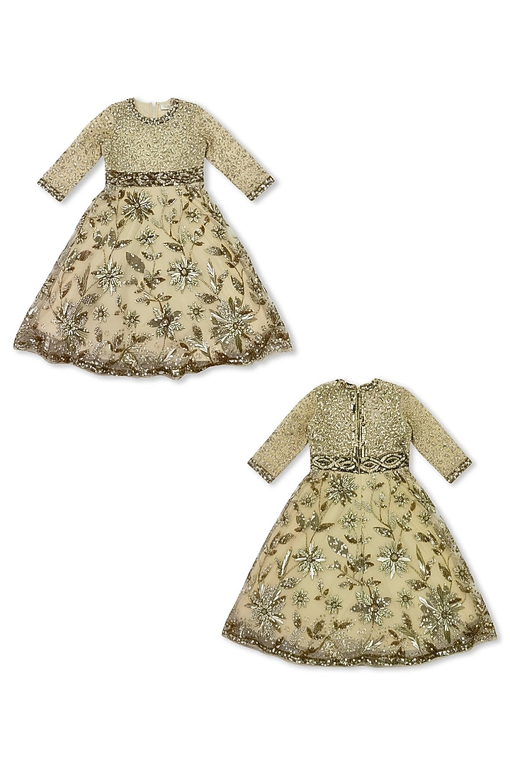 Beige Net Embroidered Gown For Girls by Alyaansh Couture at Pernia's Pop Up Shop