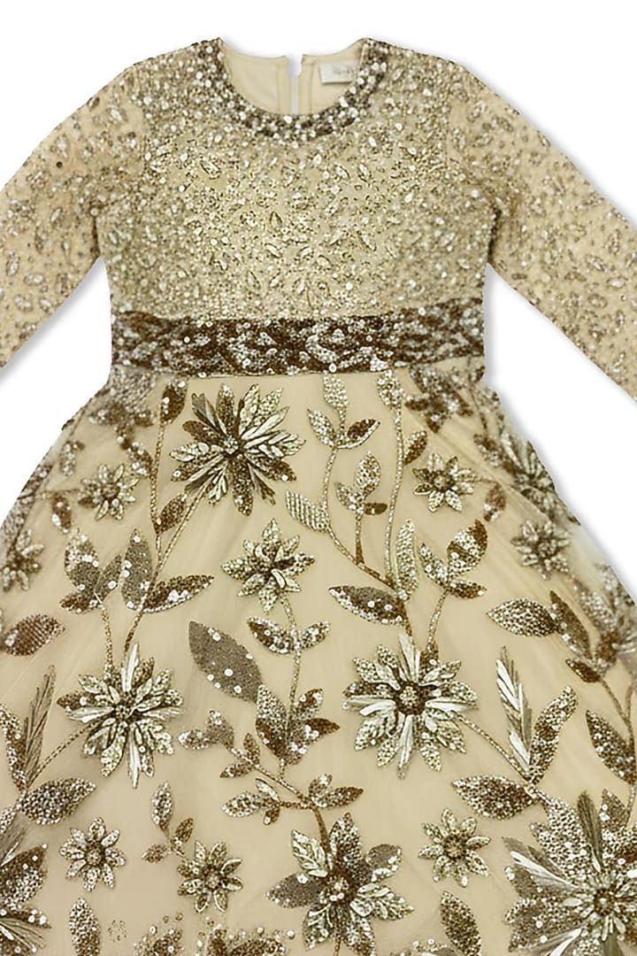 Beige Net Embroidered Gown For Girls by Alyaansh Couture at Pernia's Pop Up Shop
