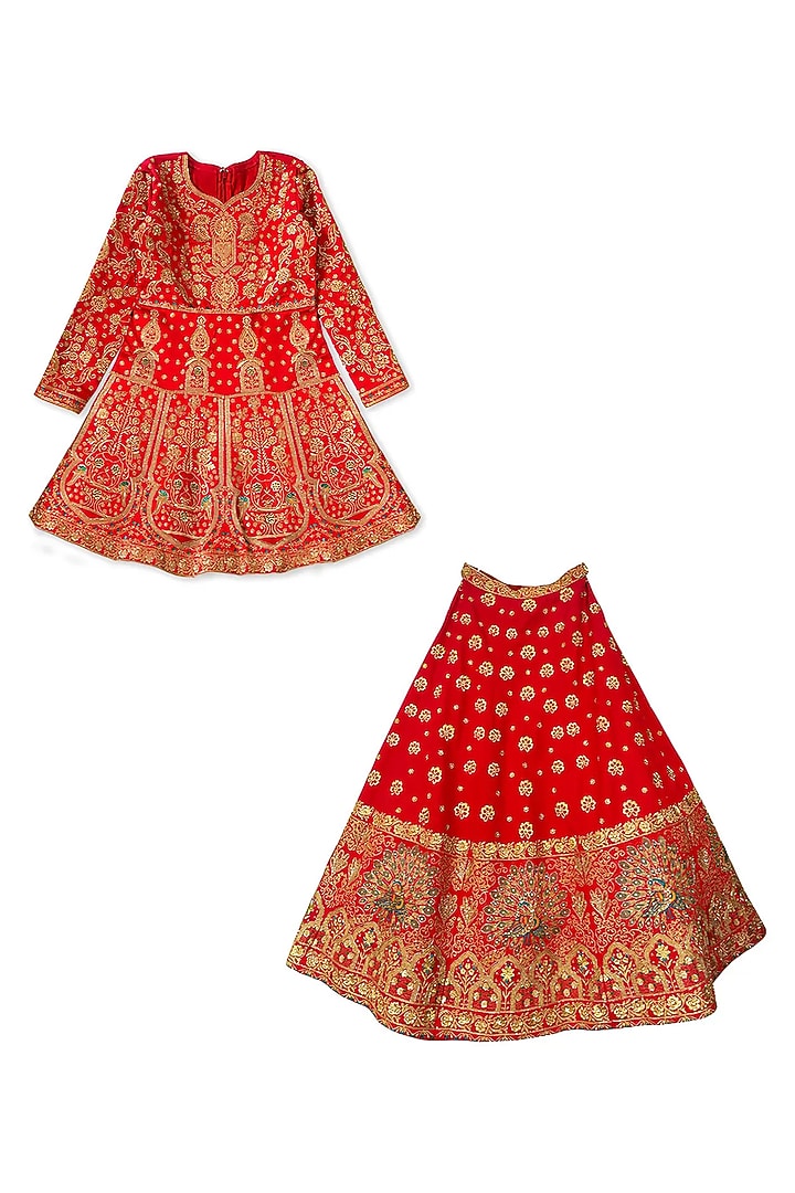 Red Glace Cotton Embroidered Lehenga Set For Girls by Alyaansh Couture at Pernia's Pop Up Shop