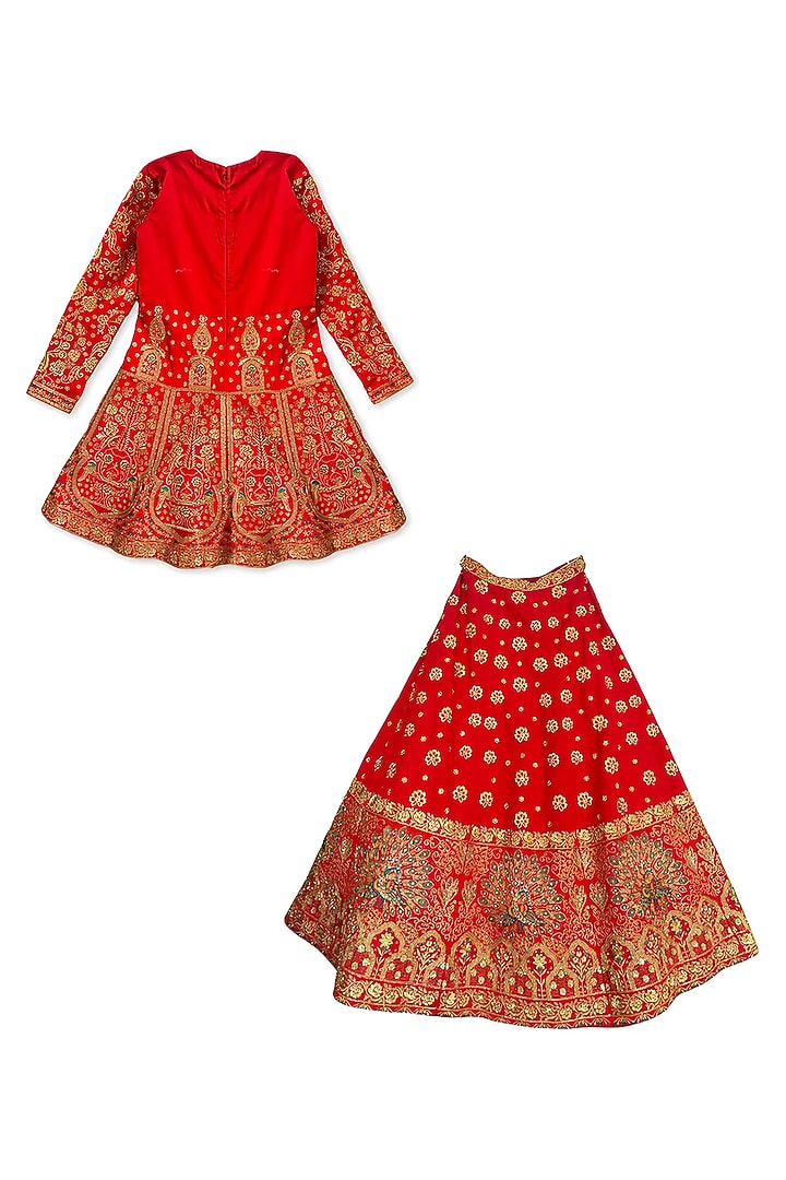 Red Glace Cotton Embroidered Lehenga Set For Girls by Alyaansh Couture at Pernia's Pop Up Shop