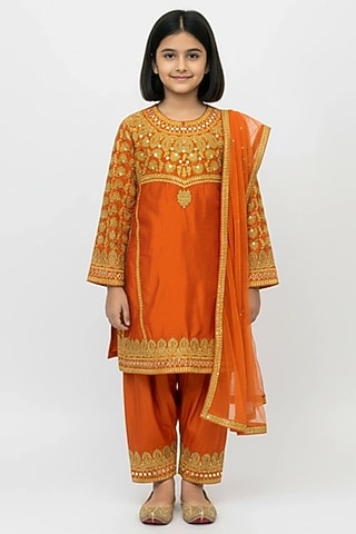 Orange Chanderi Embroidered Kurta Set For Girls by Alyaansh Couture