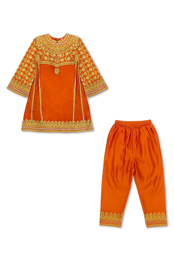 Orange Chanderi Embroidered Kurta Set For Girls by Alyaansh Couture at Pernia's Pop Up Shop