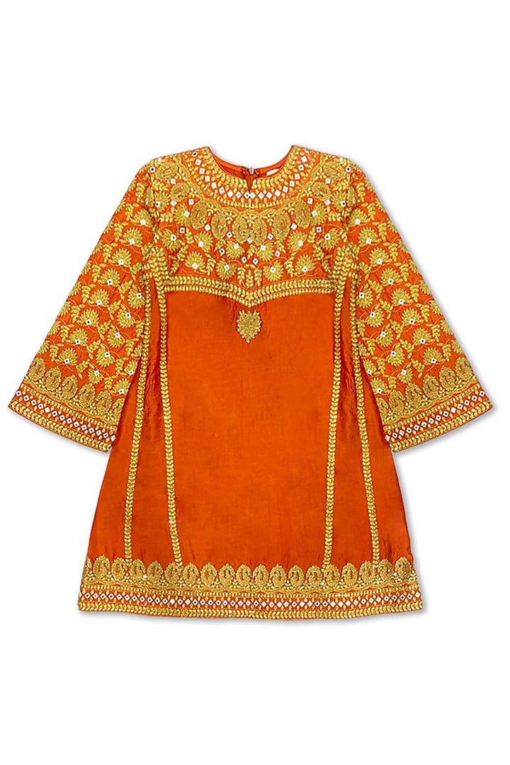 Orange Chanderi Embroidered Kurta Set For Girls by Alyaansh Couture at Pernia's Pop Up Shop