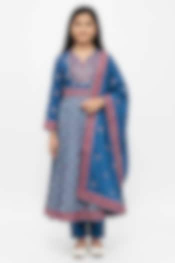 Blue Glace Cotton Printed & Mirror Embroidered Anarkali Set For Girls by Alyaansh Couture at Pernia's Pop Up Shop