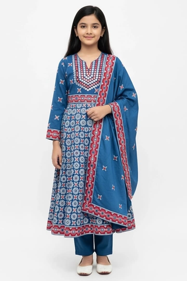 Blue Glace Cotton Printed & Mirror Embroidered Anarkali Set For Girls by Alyaansh Couture at Pernia's Pop Up Shop