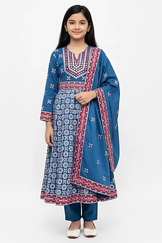 Blue Glace Cotton Printed & Mirror Embroidered Anarkali Set For Girls by Alyaansh Couture