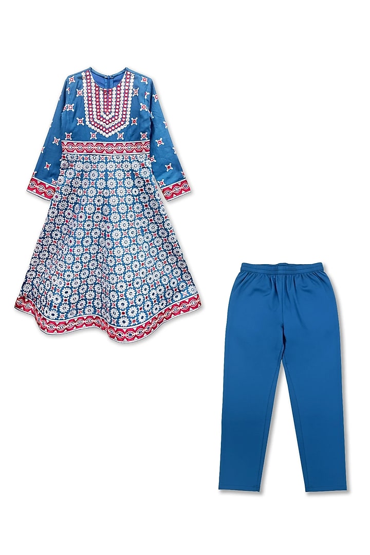 Blue Glace Cotton Printed & Mirror Embroidered Anarkali Set For Girls by Alyaansh Couture at Pernia's Pop Up Shop