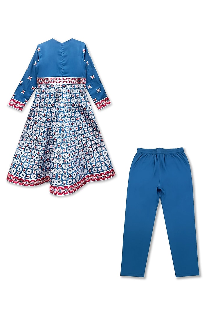 Blue Glace Cotton Printed & Mirror Embroidered Anarkali Set For Girls by Alyaansh Couture at Pernia's Pop Up Shop