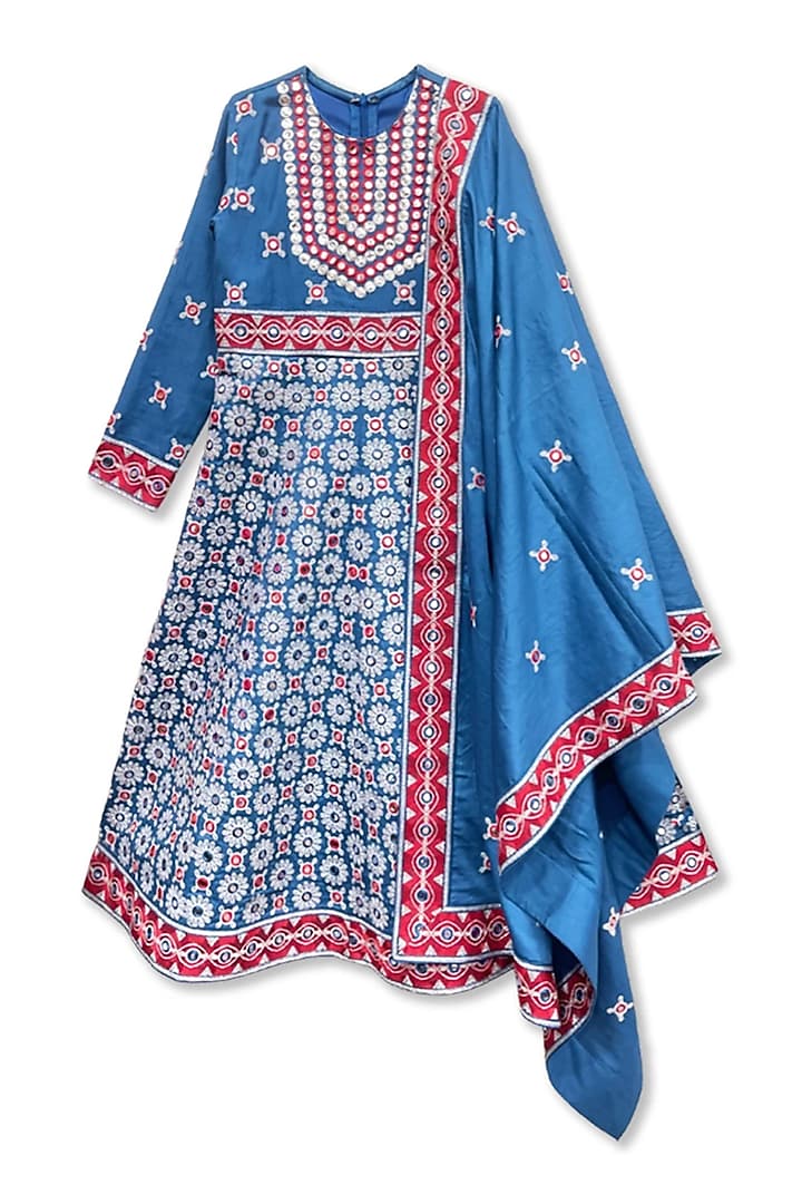 Blue Glace Cotton Printed & Mirror Embroidered Anarkali Set For Girls by Alyaansh Couture at Pernia's Pop Up Shop