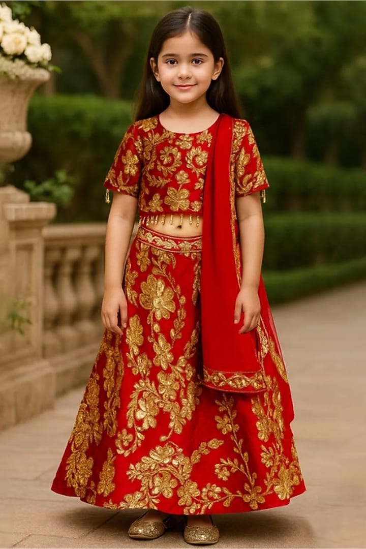 Red Silk Embroidered Lehenga Set For Girls by Alyaansh Couture at Pernia's Pop Up Shop