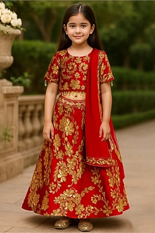Red Silk Embroidered Lehenga Set For Girls by Alyaansh Couture