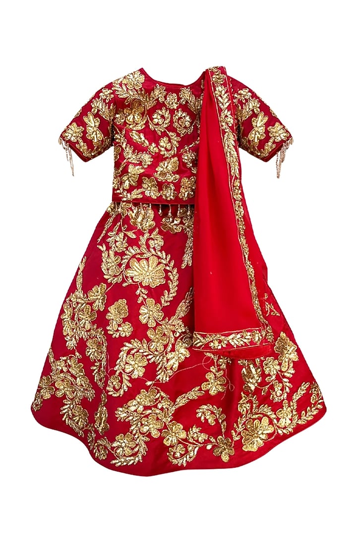 Red Silk Embroidered Lehenga Set For Girls by Alyaansh Couture at Pernia's Pop Up Shop