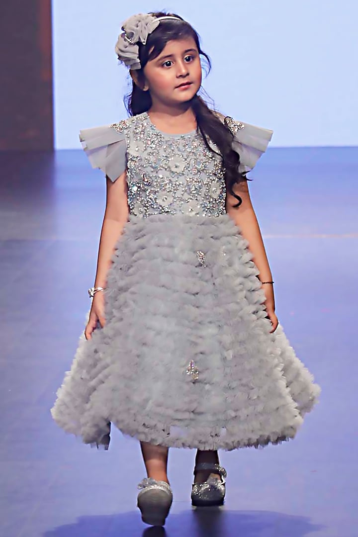 Ice Blue Net Embellished Ruffled Dress For Girls by Alyaansh Couture
