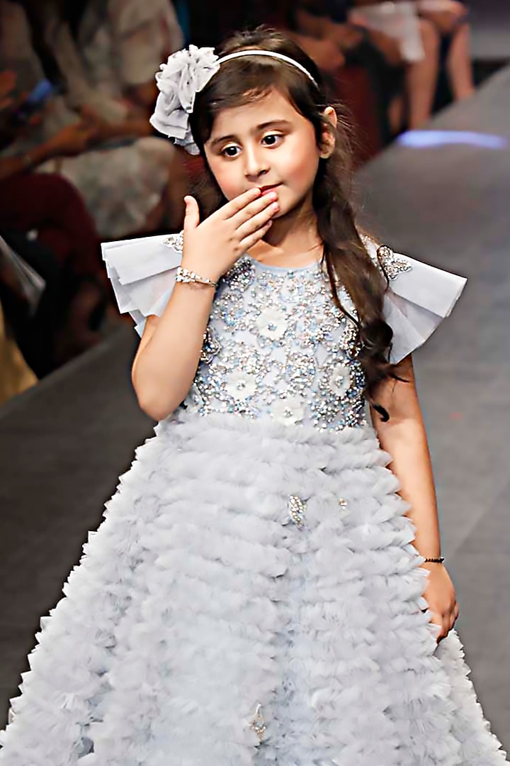 Ice Blue Net Embellished Ruffled Dress For Girls by Alyaansh Couture at Pernia's Pop Up Shop