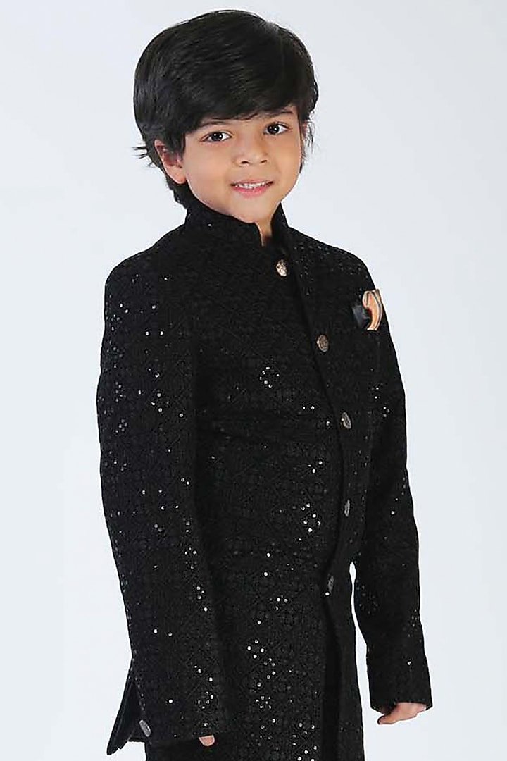 Black Sequins Embroidered Bandhgala Set For Boys by Alyaansh Couture at Pernia's Pop Up Shop