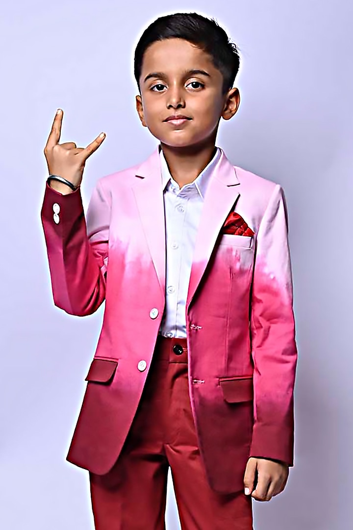 Pink & Red Cotton Ombre Blazer Set For Boys by Alyaansh Couture at Pernia's Pop Up Shop