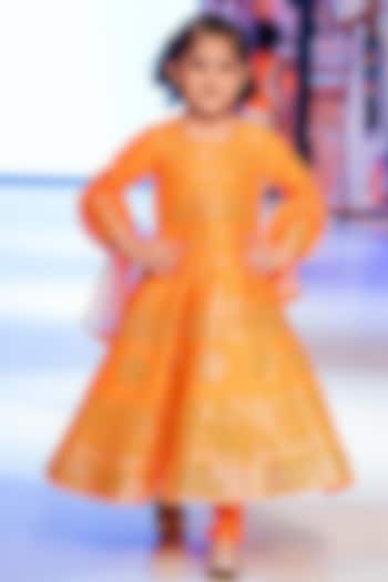 Orange Raw Silk Mirror Embroidered Anarkali Set For Girls by Alyaansh Couture