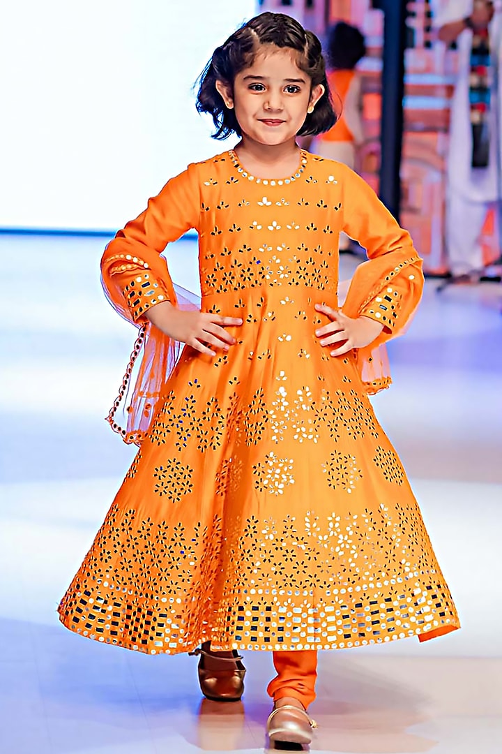 Orange Raw Silk Mirror Embroidered Anarkali Set For Girls by Alyaansh Couture