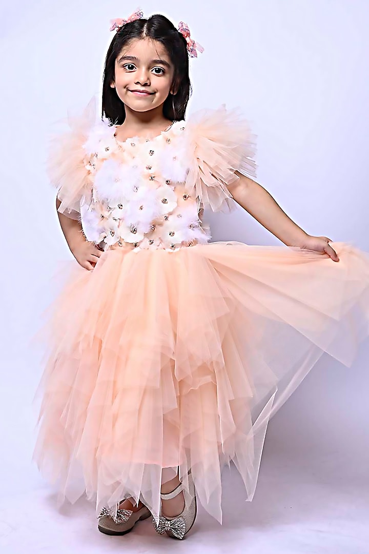 Peach Net Embellished Dress For Girls by Alyaansh Couture