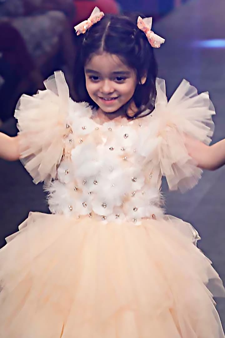 Peach Net Embellished Dress For Girls by Alyaansh Couture at Pernia's Pop Up Shop