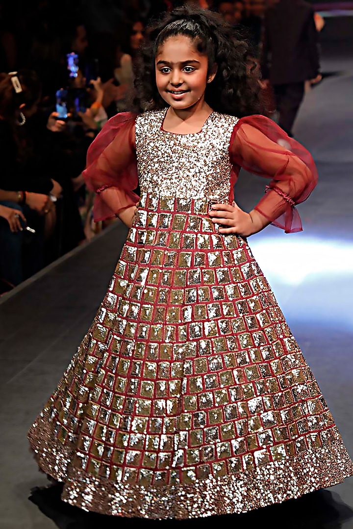 Maroon Raw Silk Embroidered Gown For Girls by Alyaansh Couture