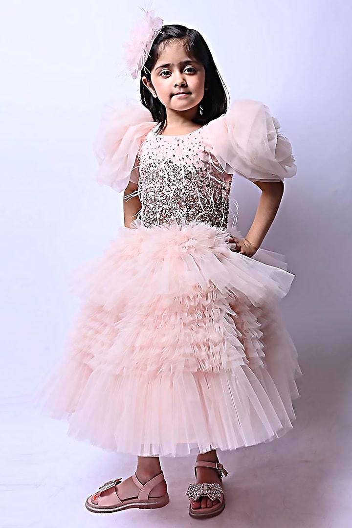 Pink Net Ruffled Dress For Girls by Alyaansh Couture