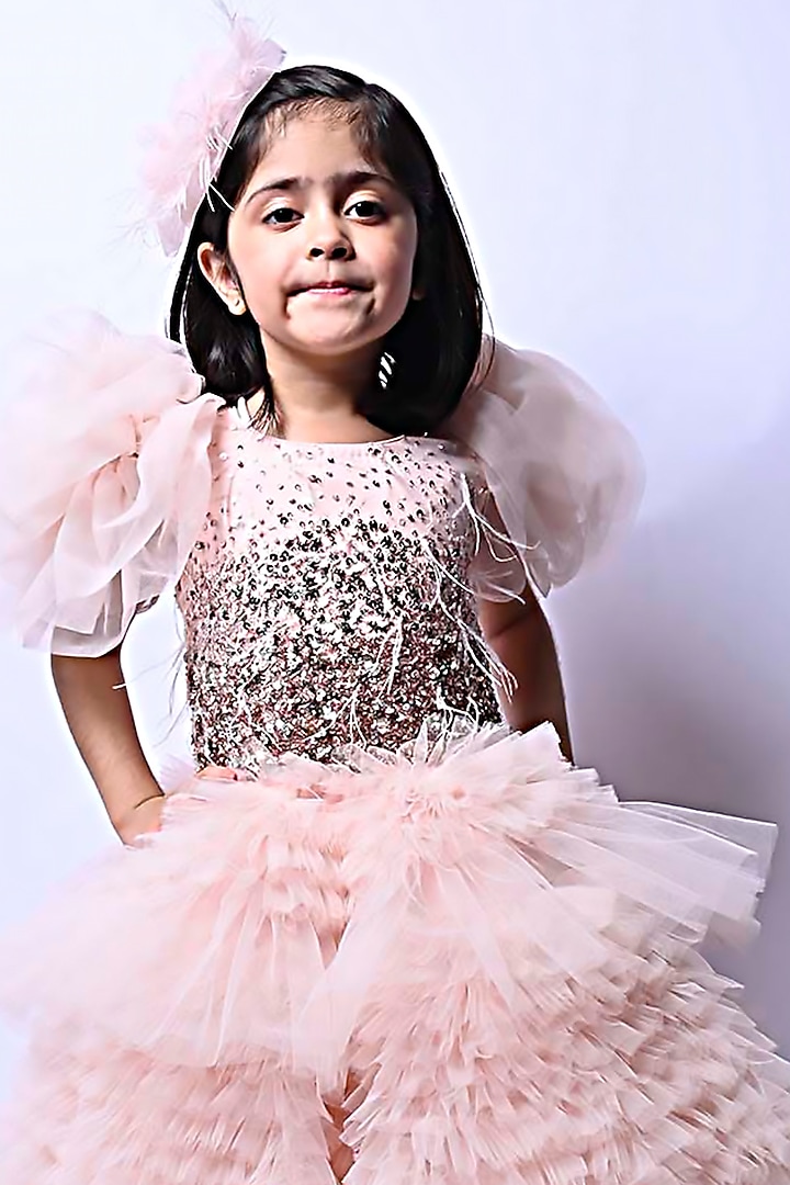 Pink Net Ruffled Dress For Girls by Alyaansh Couture at Pernia's Pop Up Shop