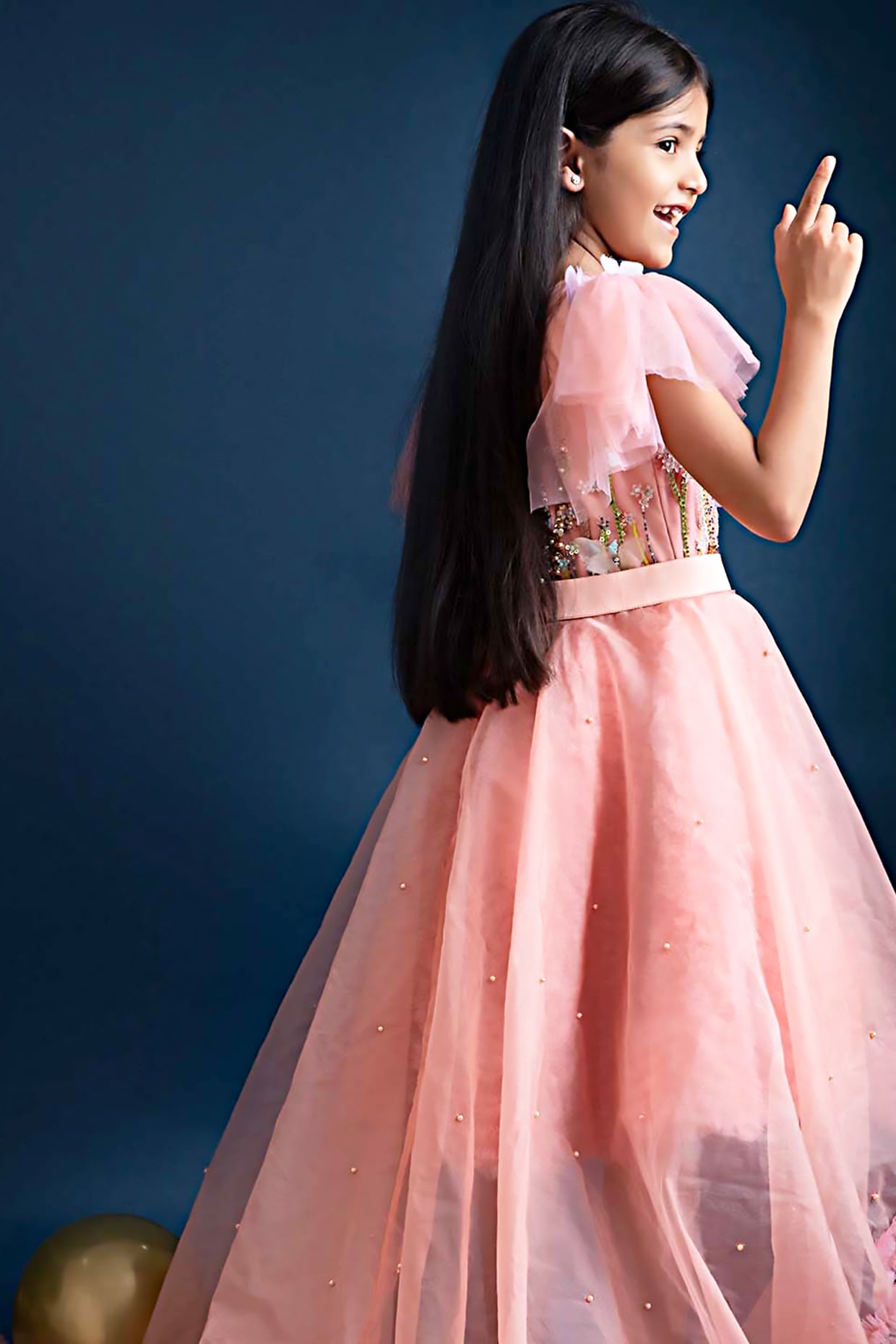 Pink Net Frilled Trail Dress For Girls Design by Alyaansh Couture