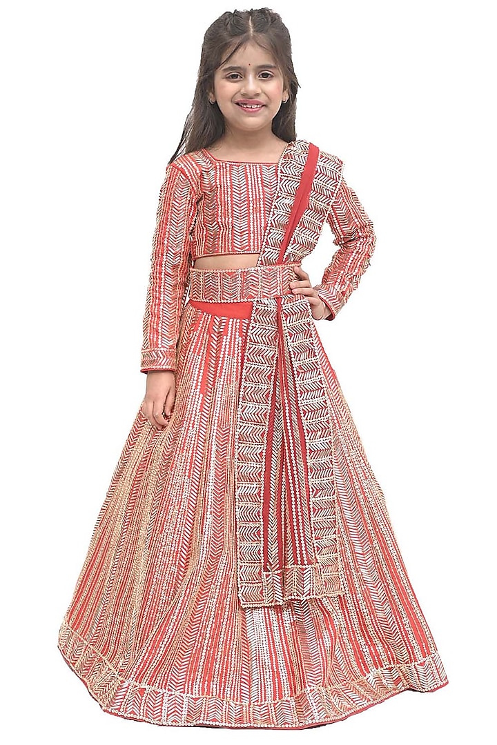 Red Georgette Sequins Embroidered Lehenga Set For Girls by Alyaansh Couture at Pernia's Pop Up Shop