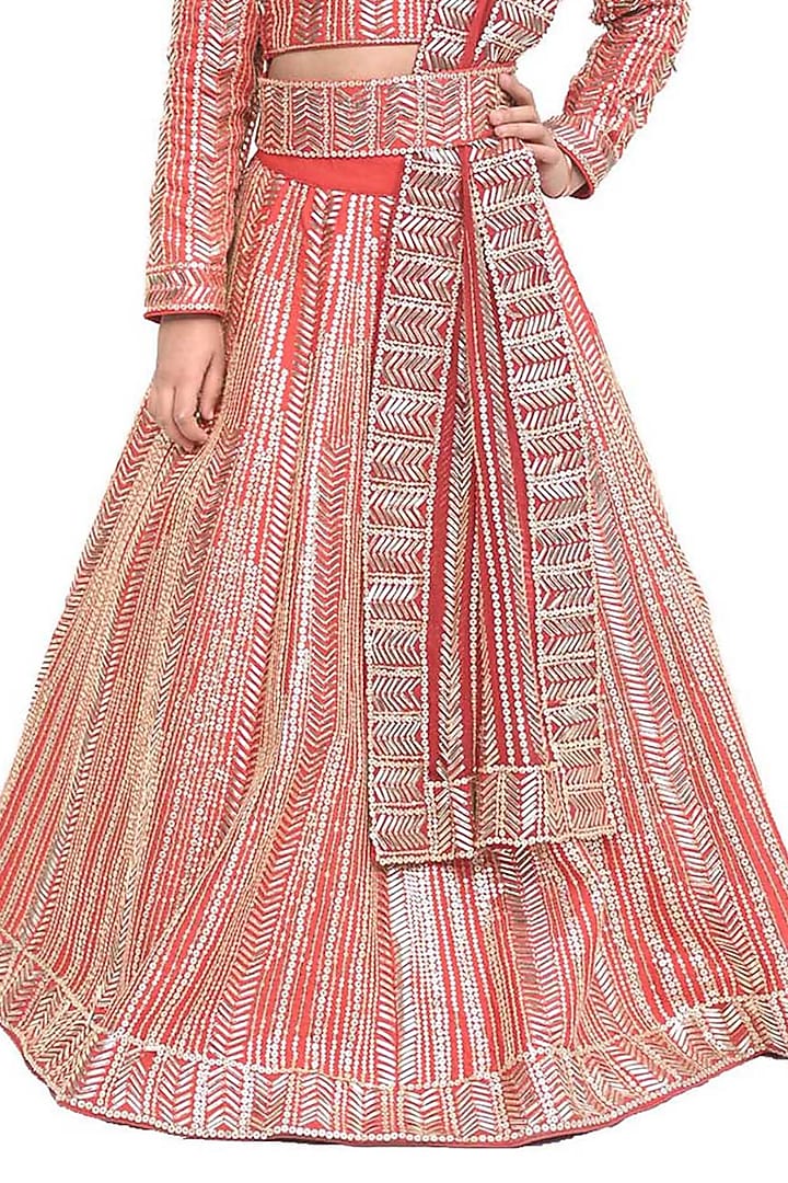 Red Georgette Sequins Embroidered Lehenga Set For Girls by Alyaansh Couture at Pernia's Pop Up Shop