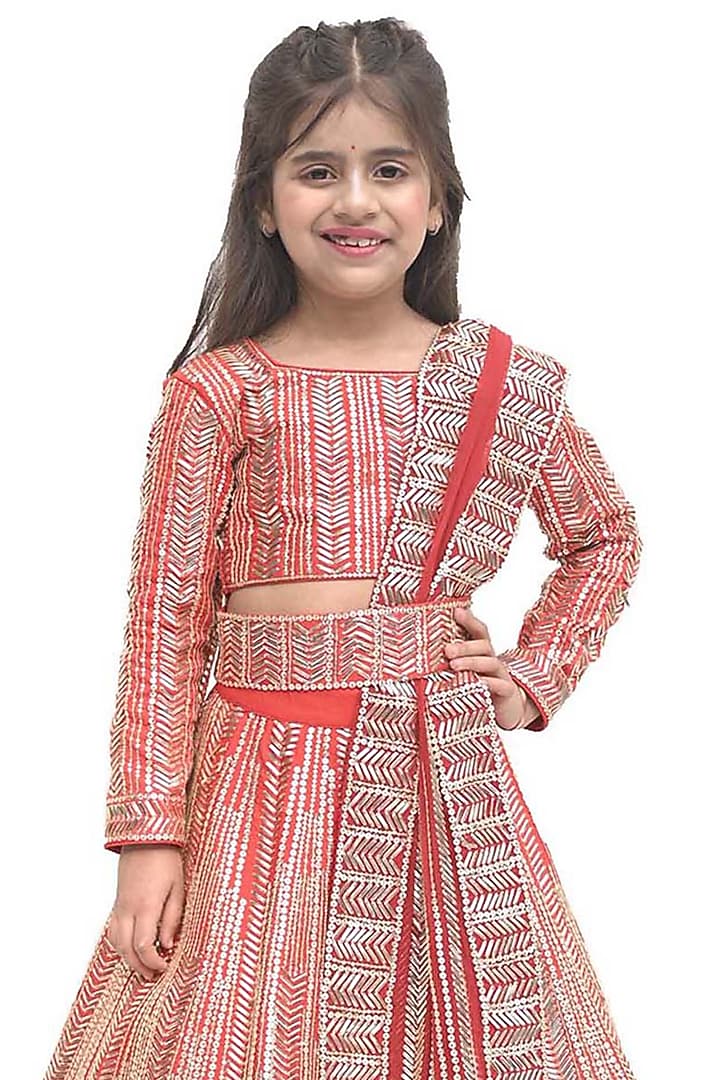 Red Georgette Sequins Embroidered Lehenga Set For Girls by Alyaansh Couture at Pernia's Pop Up Shop