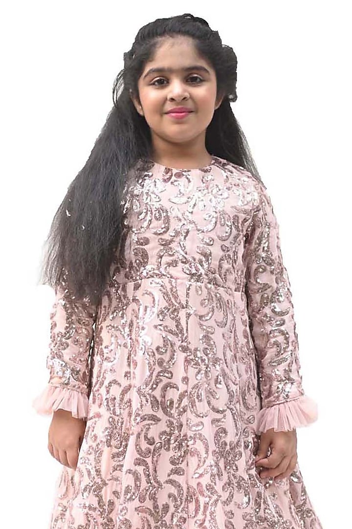 Soft Pink Georgette Sequins Embroidered Gown For Girls by Alyaansh Couture at Pernia's Pop Up Shop