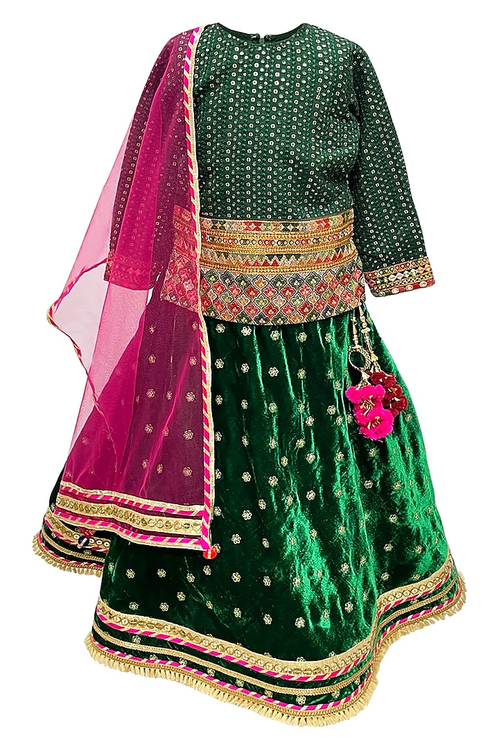 Green Velvet Embroidered Lehenga Set For Girls by Alyaansh Couture at Pernia's Pop Up Shop