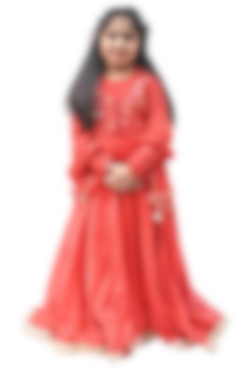 Bright Red Chanderi Floral Motifs Embroidered Jacket Anarkali Set For Girls by Alyaansh Couture