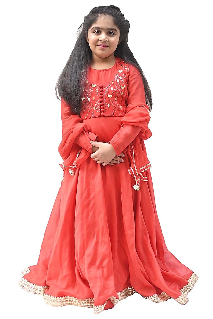 Bright Red Chanderi Floral Motifs Embroidered Jacket Anarkali Set For Girls by Alyaansh Couture