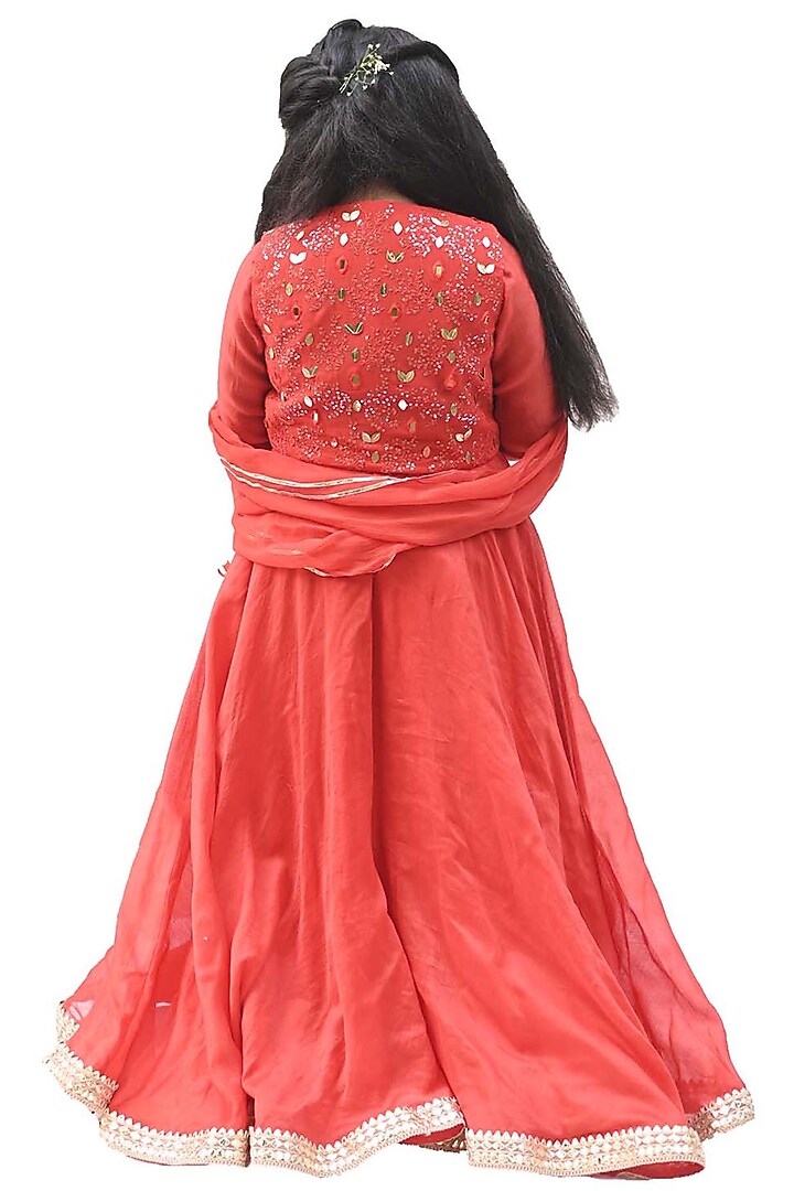 Bright Red Chanderi Floral Motifs Embroidered Jacket Anarkali Set For Girls by Alyaansh Couture at Pernia's Pop Up Shop