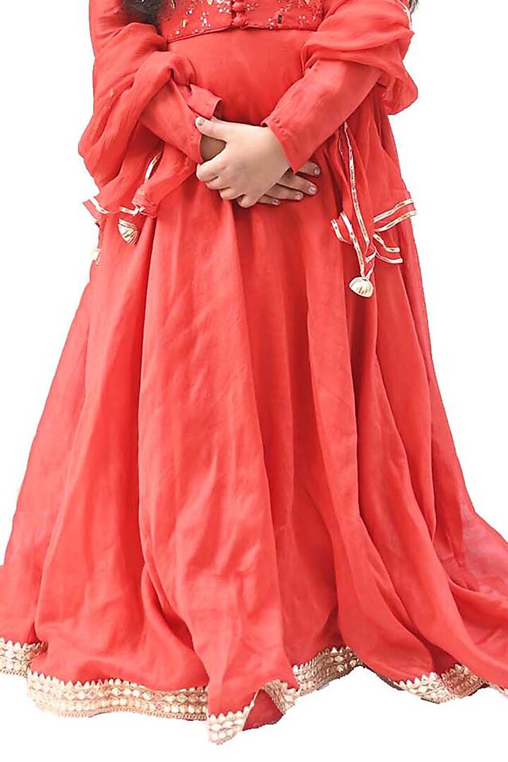 Bright Red Chanderi Floral Motifs Embroidered Jacket Anarkali Set For Girls by Alyaansh Couture at Pernia's Pop Up Shop