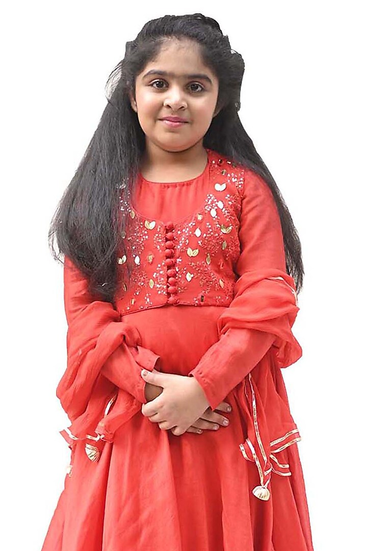 Bright Red Chanderi Floral Motifs Embroidered Jacket Anarkali Set For Girls by Alyaansh Couture at Pernia's Pop Up Shop