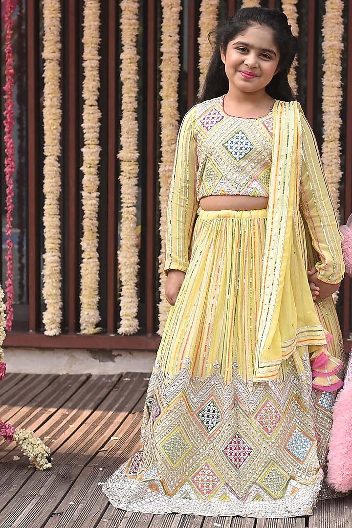 Yellow Georgette Sequins Embroidered Lehenga Set For Girls by Alyaansh Couture at Pernia's Pop Up Shop