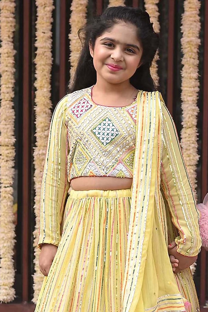 Yellow Georgette Sequins Embroidered Lehenga Set For Girls by Alyaansh Couture at Pernia's Pop Up Shop