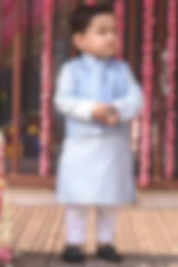 Pastel Blue Cotton Silk Mirror Work Bundi Jacket Set For Boys by Alyaansh Couture at Pernia's Pop Up Shop