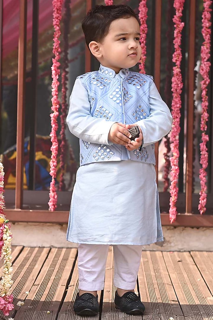 Pastel Blue Cotton Silk Mirror Work Bundi Jacket Set For Boys by Alyaansh Couture at Pernia's Pop Up Shop