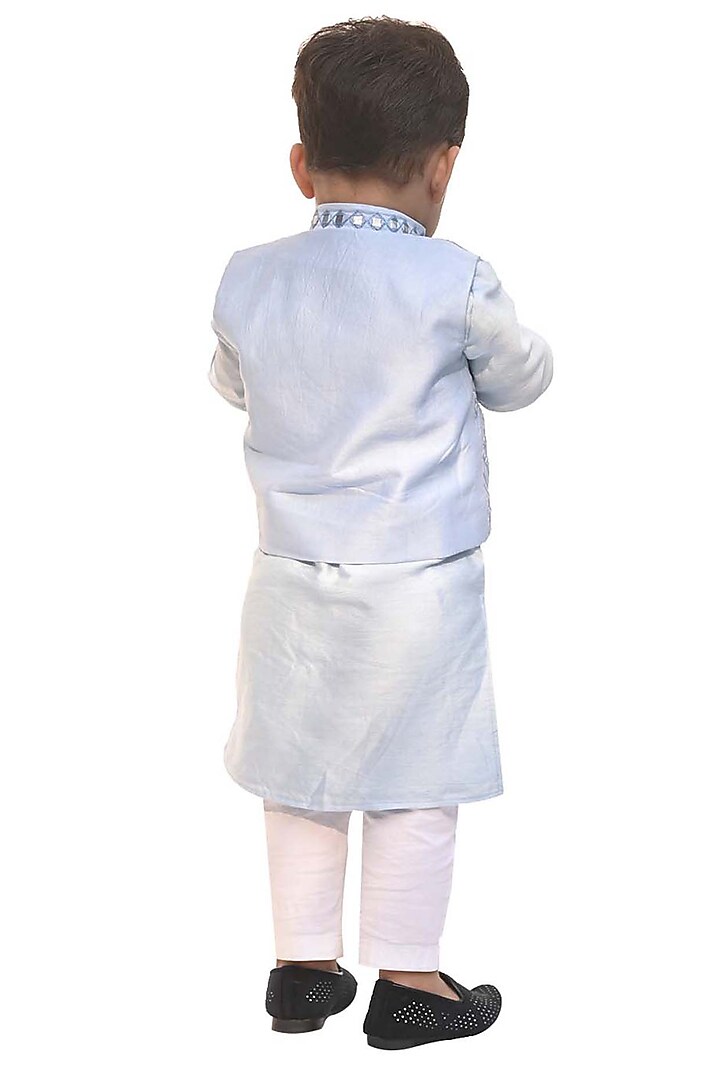 Pastel Blue Cotton Silk Mirror Work Bundi Jacket Set For Boys by Alyaansh Couture at Pernia's Pop Up Shop