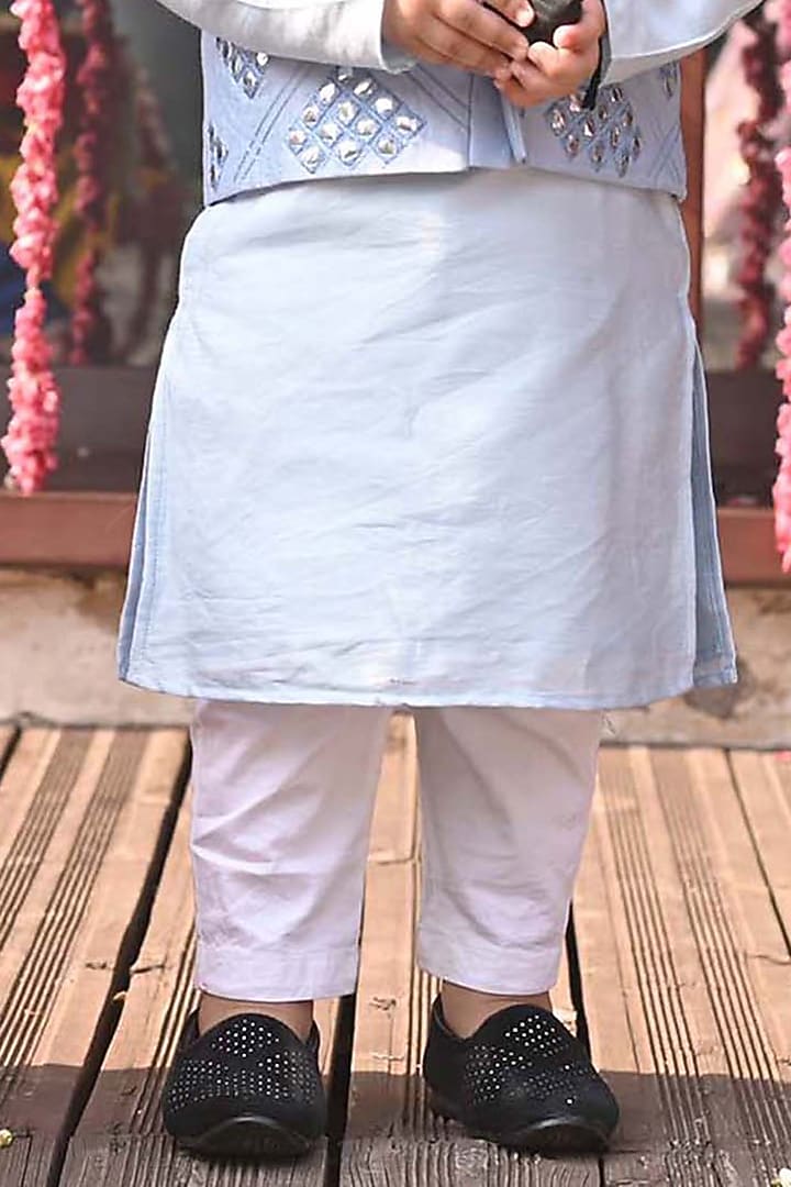 Pastel Blue Cotton Silk Mirror Work Bundi Jacket Set For Boys by Alyaansh Couture at Pernia's Pop Up Shop