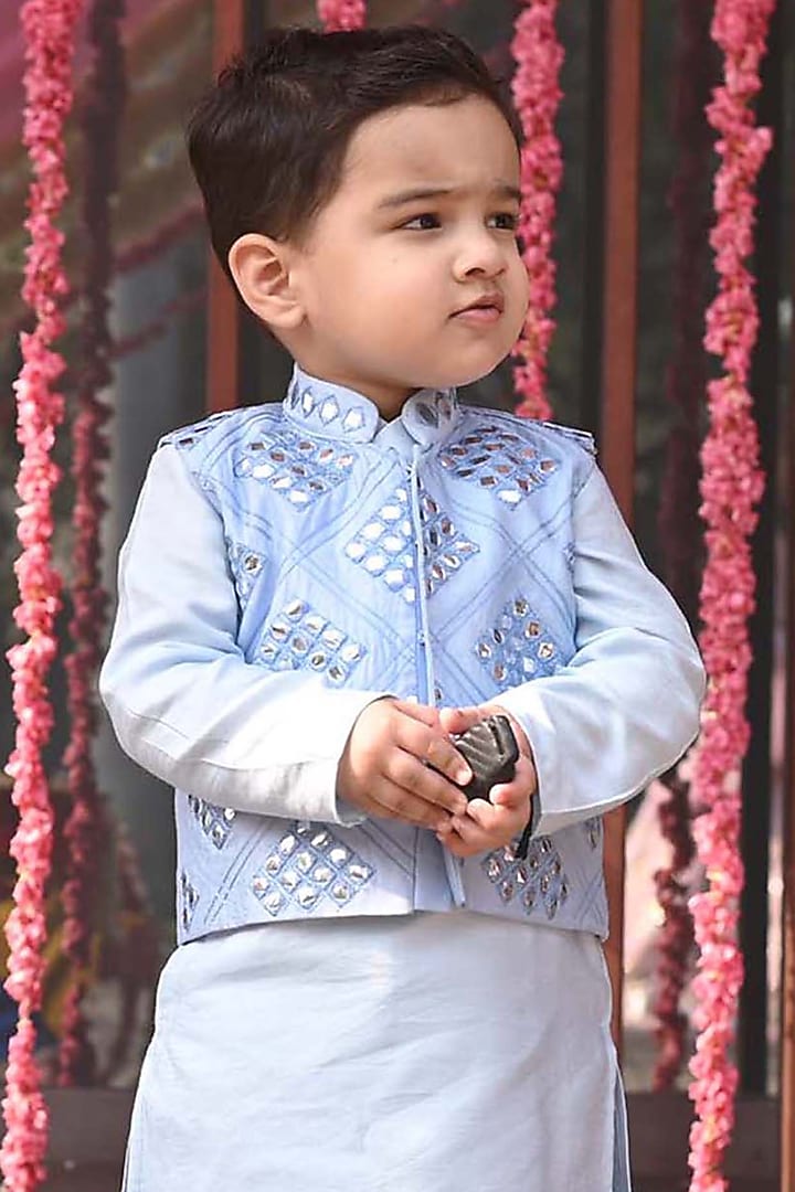 Pastel Blue Cotton Silk Mirror Work Bundi Jacket Set For Boys by Alyaansh Couture at Pernia's Pop Up Shop